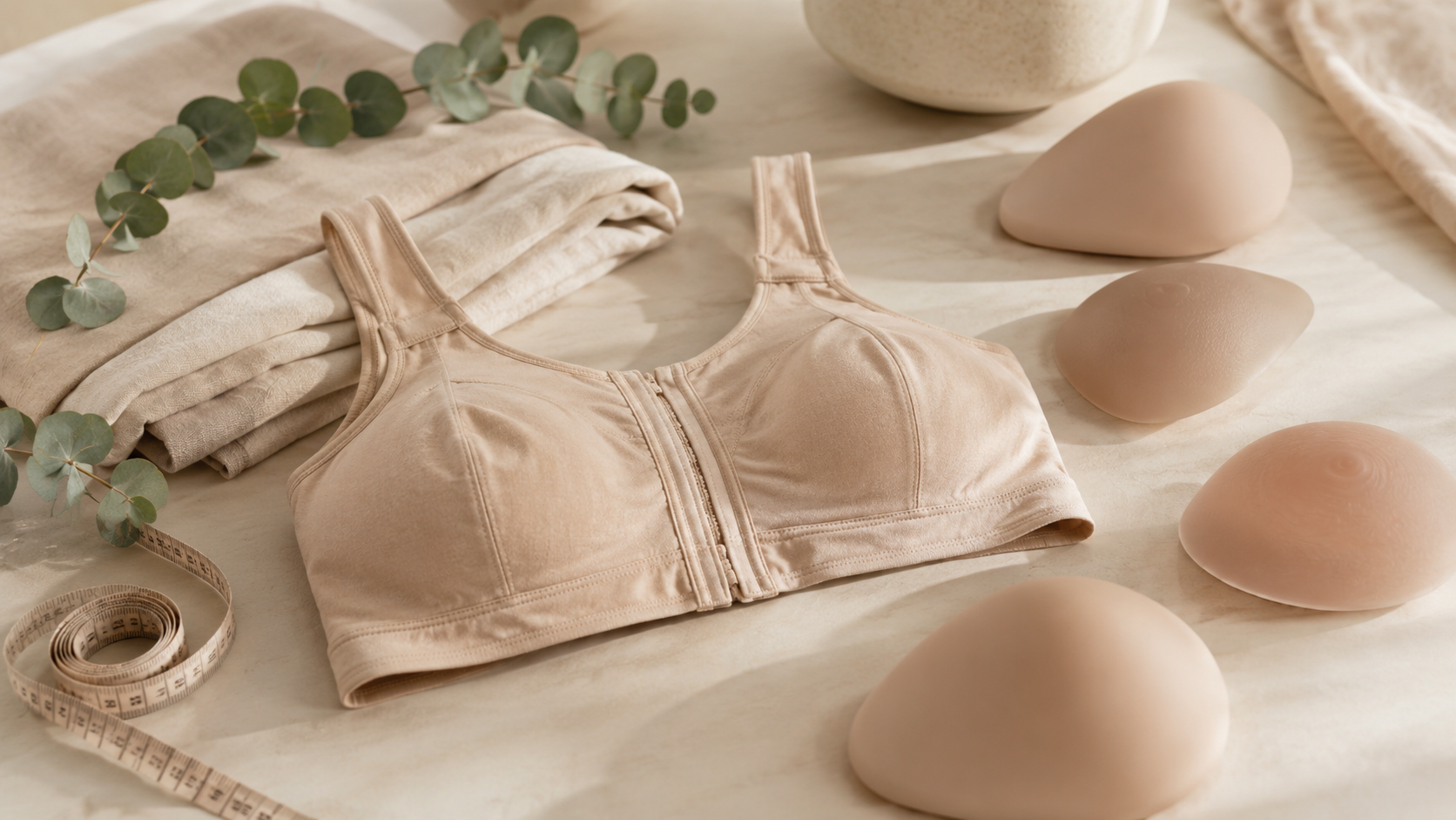 Breast forms arranged on soft ivory fabric